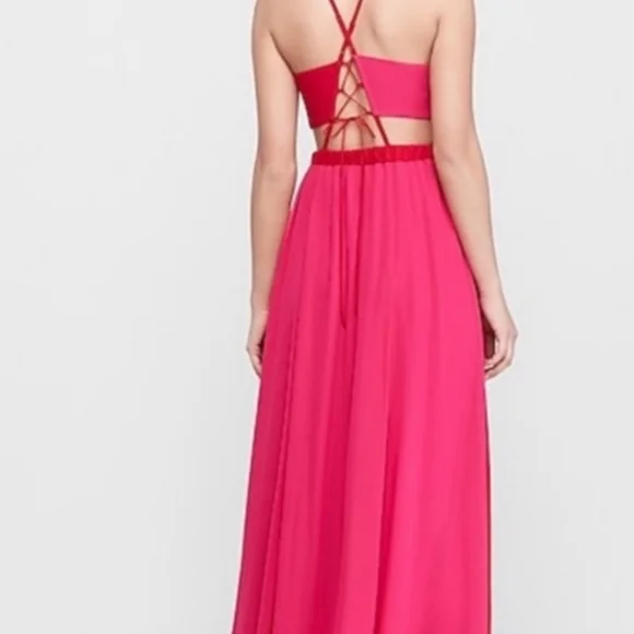 Express Dresses | Color Block Cut-Out Maxi Dress - Red & Pink L - Picture 2 of 3